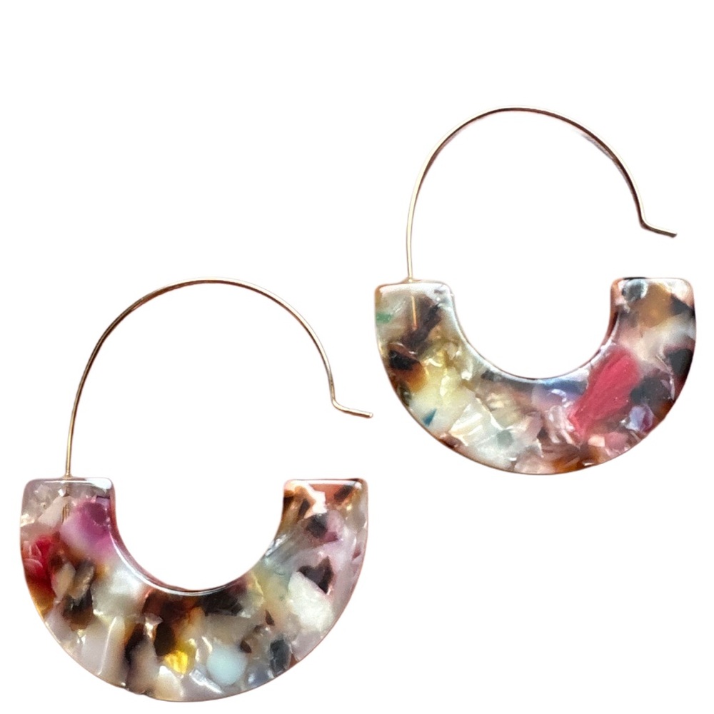 Multicolor Resin Statement Hoop Earrings Geometric Half Moon Gold Wire